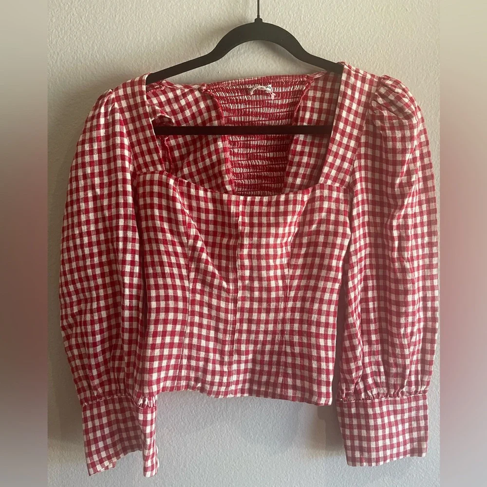 Reformation Red Gingham Puff-Sleeve Square-Neck linen Top